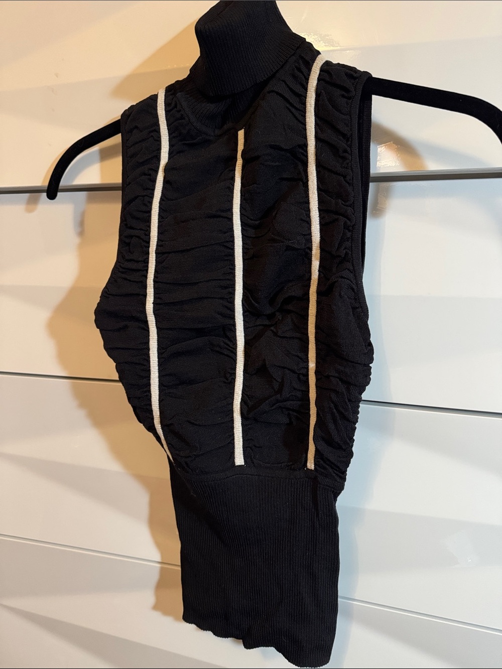 bebe Black Ruched Tank Top with White Trim
